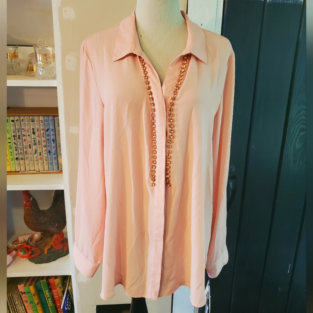 NWT Ivanka Trump Light Pink rhinestone button down Shirt Blouse Sheer Bejeweled
